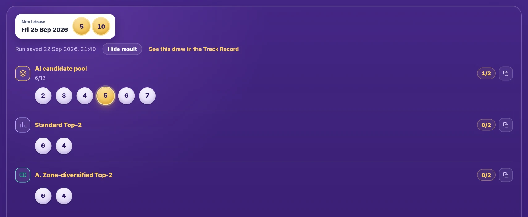 A saved run with the next draw above it and the drawn Euro Numbers in yellow