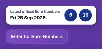 The latest official draw, Fri 25 Sep 2026, in the white box and the Enter for Euro Numbers button under it