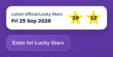 The latest official draw, Fri 25 Sep 2026, in the white box and the Enter for Lucky Stars button under it