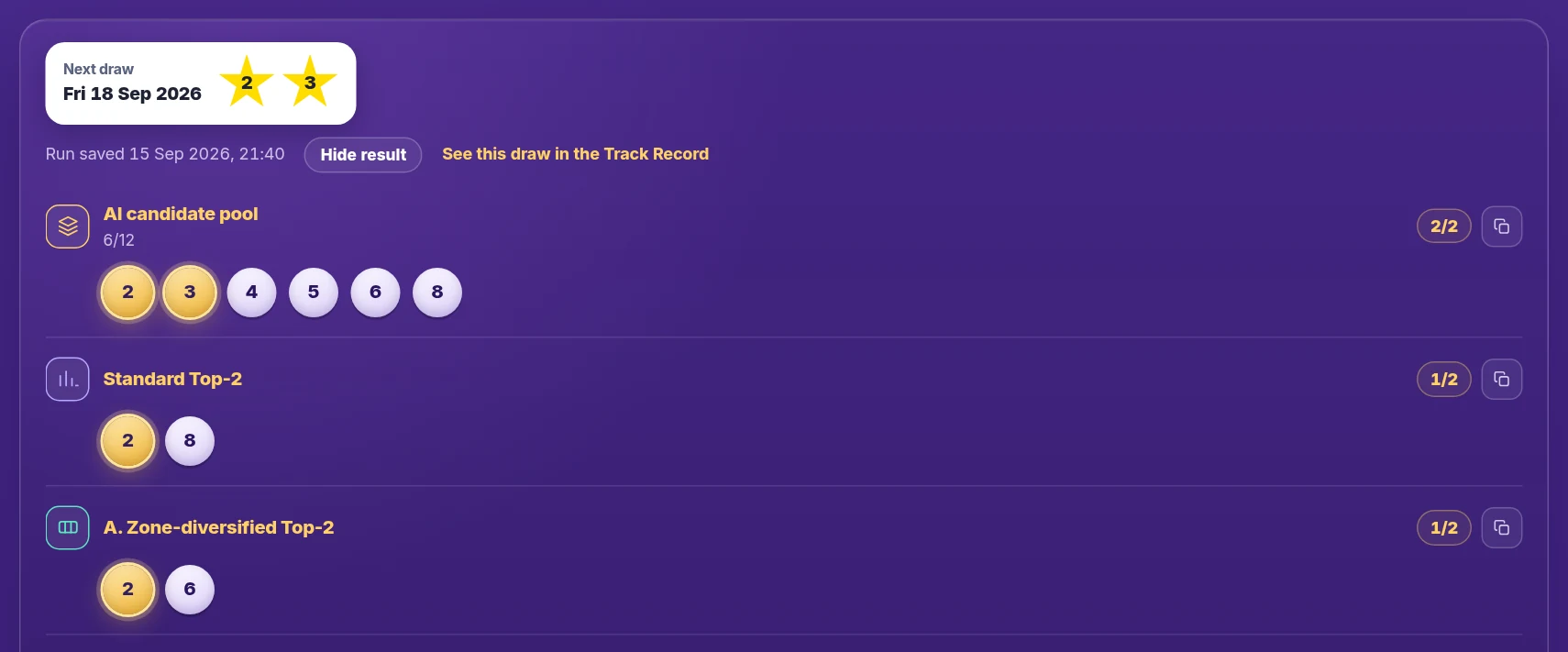 A saved run with the next draw above it and the drawn Stars in yellow