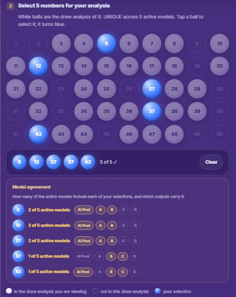 The board of 50 numbers with five selections in blue and the Model agreement for each of them