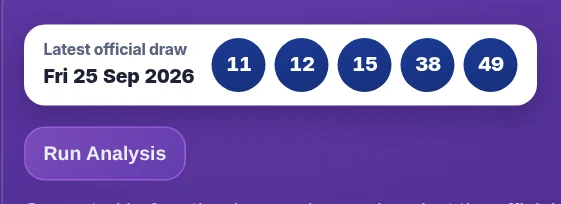 The latest official draw, Fri 25 Sep 2026, in the white box and the Run Analysis button under it